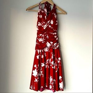 Red floral print halter dress